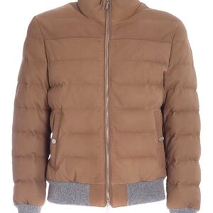 Eleventy Men's Leather Tan Bomber Puffer Jacket L 50EU 40US